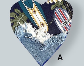 Handmade Denim Heart Patch: Upcycled Surf Floral Sew-On Applique