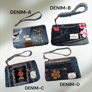 May include: Four denim wristlet bags with unique designs. "DENIM-A" features a butterfly and pearl accents. "DENIM-B" has a heart and floral pattern. "DENIM-C" showcases floral embroidery. "DENIM-D" includes a flower. Each bag has a wrist strap.