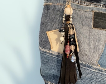 Rustic Leather Tassel Bag Charms – Handmade with Semi-Precious Stones, Crystals, Beads & Metal Charms
