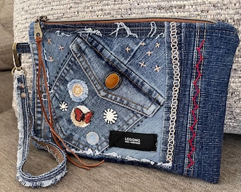 Boho Denim Patchwork Clutch Wristlet: Upcycled Jeans, Inside Pocket