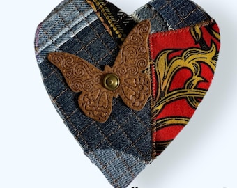 Upcycled Denim Heart Patch: Handmade Sew-On Applique with Leather Butterfly