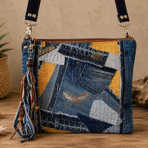 May include: A rectangular crossbody bag constructed from patchwork denim and yellow fabric. The bag features frayed edges, a brown leather zipper top, and a decorative tassel with wooden beads. It includes a dark blue denim shoulder strap with metal hardware.