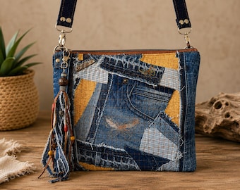 Handmade Distressed Patchwork Denim Crossbody Bag | Upcycled Jean Purse | One-of-a-Kind Boho Bag