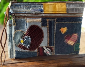 Handmade Denim Crossbody Clutch: Upcycled Patchwork Bag with Heart Appliqués