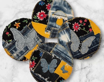 Handmade Patchwork Butterfly and Mushroom Patches – Sew-On Denim & Cotton Appliqué
