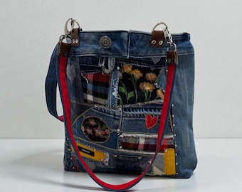 Boho Patchwork Denim Tote Bag-Handmade Upcycled Cotton Jean Purse & Embroidery