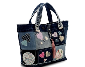 Patchwork Denim Tote Bag, Upcycled Jeans Heart Appliqué Purse, Boho Handbag