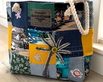 Tropical Patchwork Denim Tote Bag – Upcycled Beach Bag with Rope Handles