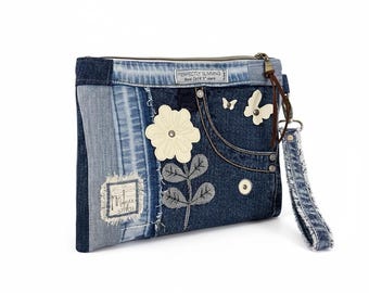Unique bohemian handbag One-of-a-Kind Denim Patchwork Clutch with removable Wrist Handle