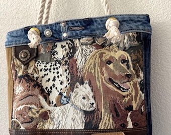 Dog Tapestry Tote Bag: Upcycled Denim & Rope Handles
