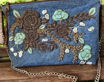 Embroidered Denim Crossbody Bag: Floral Beaded Appliqué, Gold Chain