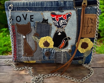 Cat Patchwork Crossbody Clutch Bag – Handmade Upcycled Denim Wristlet with Sunflowers, Appliqué & Chain Strap