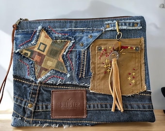 Handmade Upcycled Denim Clutch: Embroidered Star Patchwork Bag