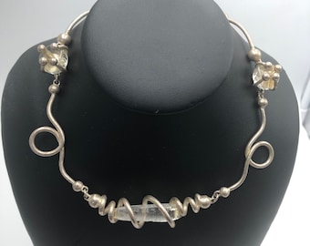 Evening gold signed rare hyper stylized silver necklace
