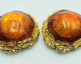 Evening gold large orange resin cabochon earrings