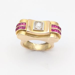 Tank ring 18 kt gold diamonds and rubies T52