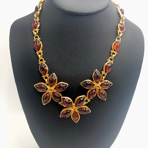 Evening gold signed rare golden necklace with brown cabochon flowers