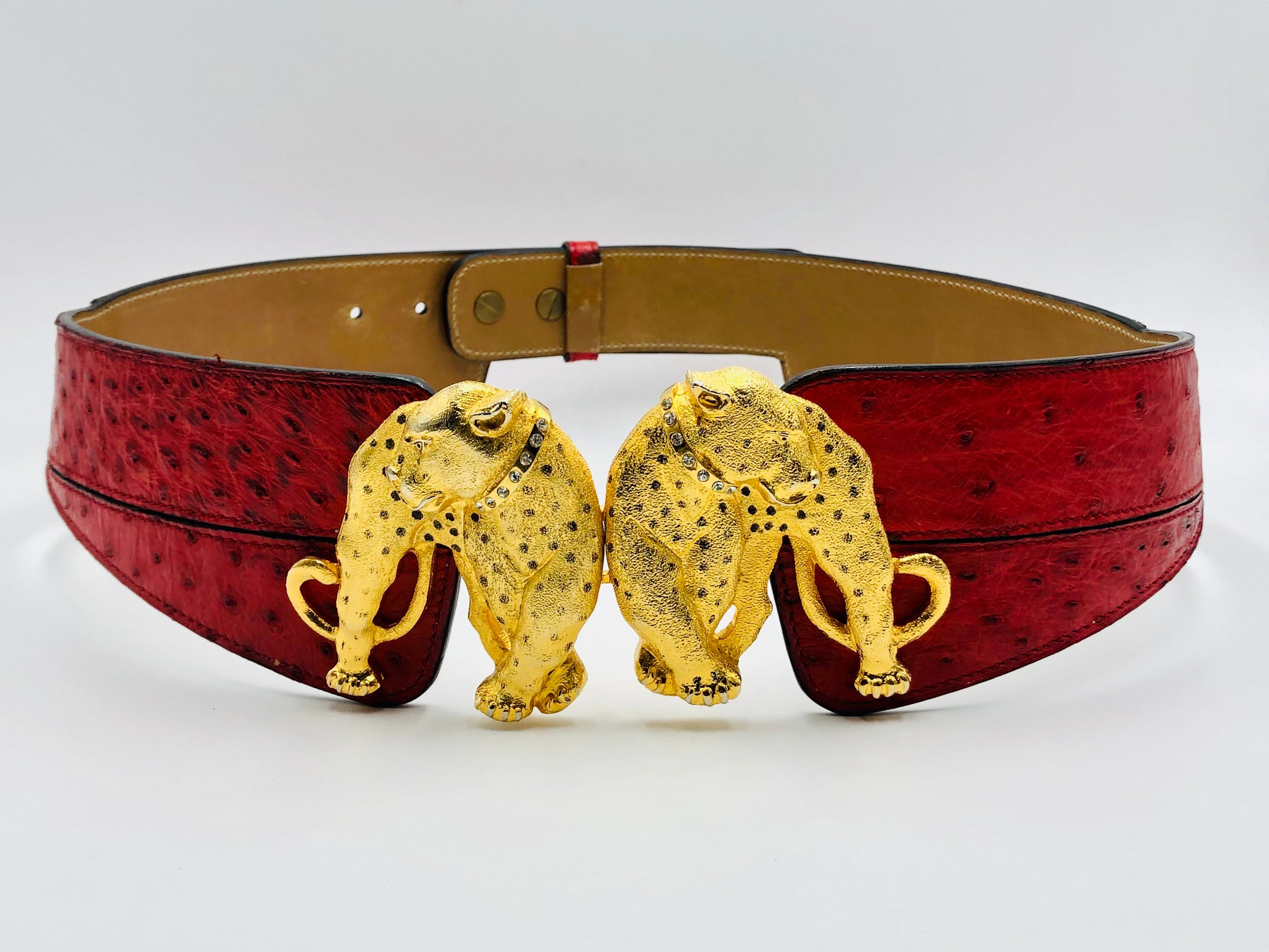 Ceinture Souple Vintage « Panthère » Années 80 — Noir, Taille 85, Ajustable, Motif Brodé