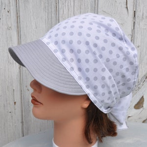 Casquette bandana préformé été en coton blanc à pois gris à visière gris uni pour femme taille unique image 3