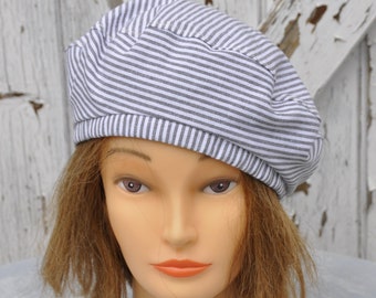 Summer beret for women, in gray and white striped cotton - Size M