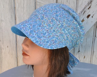 Preformed bandana cap with blue floral cotton fichu visor for women - one size