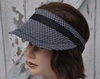 Elasticated headband visor, black cotton with white polka dots - size M