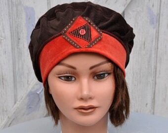 Mid-season beret for women in brown and orange cotton velvet - Size M 55.5-57cm