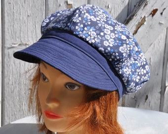 Casquette été pour femme, en coton fleuri bleu marine, Taille S 54cm