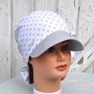 Casquette bandana préformé été en coton blanc à pois gris à visière gris uni pour femme taille unique image 1