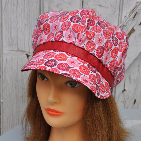 Casquette de pluie imperméable en coton enduit rouge et blanc imprimé plumes - Taille 56-57cm