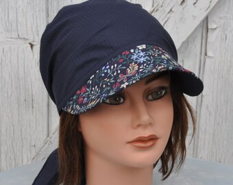 Tie cap or bandana with preformed visor in black cotton visor with small flowers for women, one size