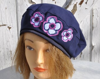 Reversible navy blue beret with flower decoration for women - size L 57-58cm