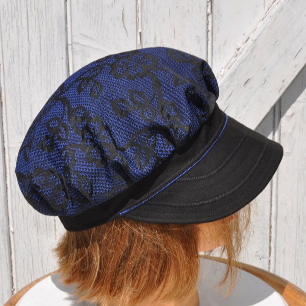 Light cap, pleated newsboy cap with navy blue and black flower pattern for women - Size 54-55 cm