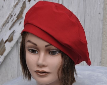 Béret léger, bonnet pour femme en coton rouge uni - Taille M-L