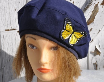 Reversible navy blue cotton summer beret with butterfly decoration for women - size L 57-58cm