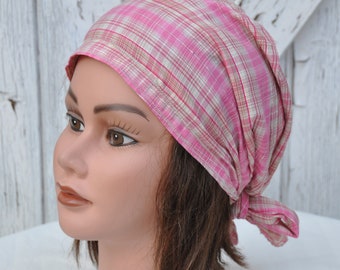 Preformed scarf bandana Léolix cap in Scottish pink cotton blend for women, one size