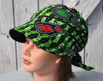 Bandana with visor, cap, preformed scarf in green, navy blue and red cotton wax - one size