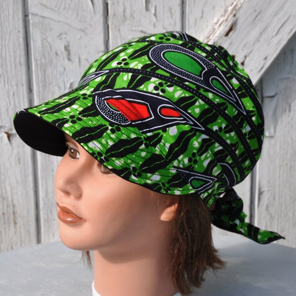 Bandana à visière, casquette, fichu préformé en wax coton vert bleu marine et rouge - taille unique