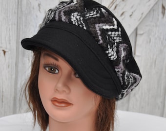 Fancy zwarte wollen muts grote chevrons - Maat 56cm