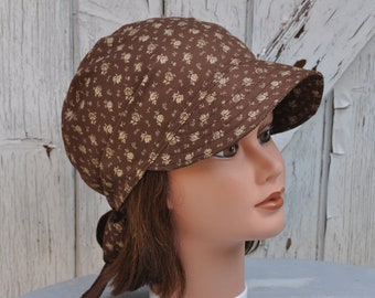 Light cap, bandana with visor, scarf, preformed scarf, brown cotton, mini flower print, one size