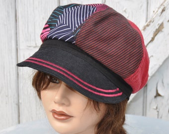 Black and pink cotton linen summer newsboy cap for women, size S 53.5-54cm