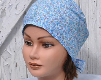 Bandana, fichu, foulard préformé en coton fleuri bleu clair pour femme - taille unique