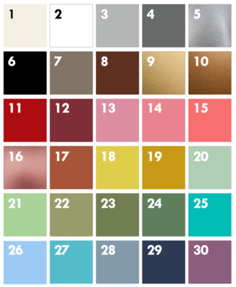 May include: A color chart with 30 different colors, numbered 1 through 30. The colors range from white to black, and include shades of red, brown, green, blue, and pink.