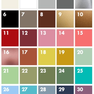 May include: A color chart with 30 different colors, numbered 1 through 30. The colors range from white to black, and include shades of red, brown, green, blue, and pink.