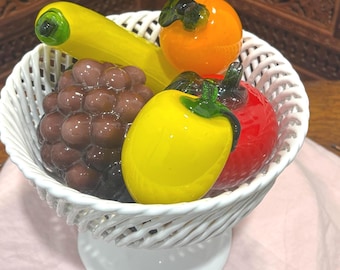 Vintage Signed Italian Faience White Woven Lattice Compote with Hand-Blown Murano Glass Fruit