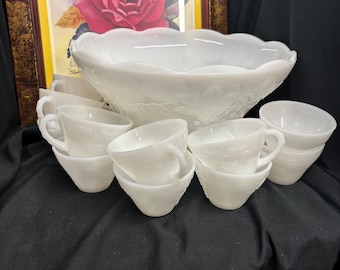 Anchor Hocking Vintage Grapes Milk Glass Punch Bowl Set