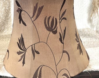 Transitional Bell Lamp Shade - Gold/Tan Fabric with Brown Leaf Pattern - Spider