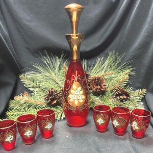 Vintage Murano Style Ruby Red Glass Decanter Set 7pc Gold Enamel Floral Tre Fuochi