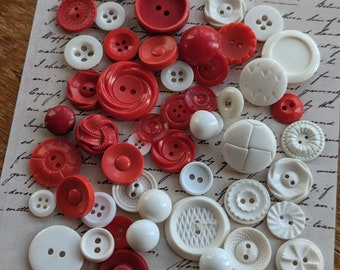 Lovingly selected collection of 55 vintage buttons including many 1950s house dress buttons in red and white. Red and white buttons