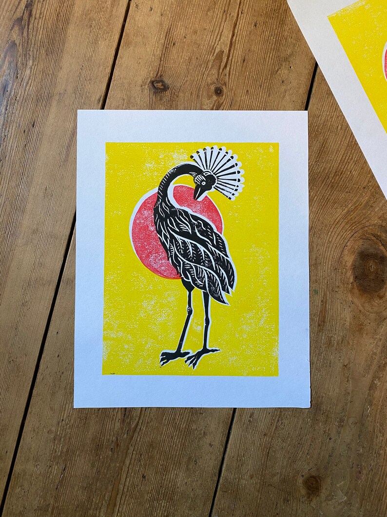 Crane Lino Cut Block Colour Print Hand Made Etsy